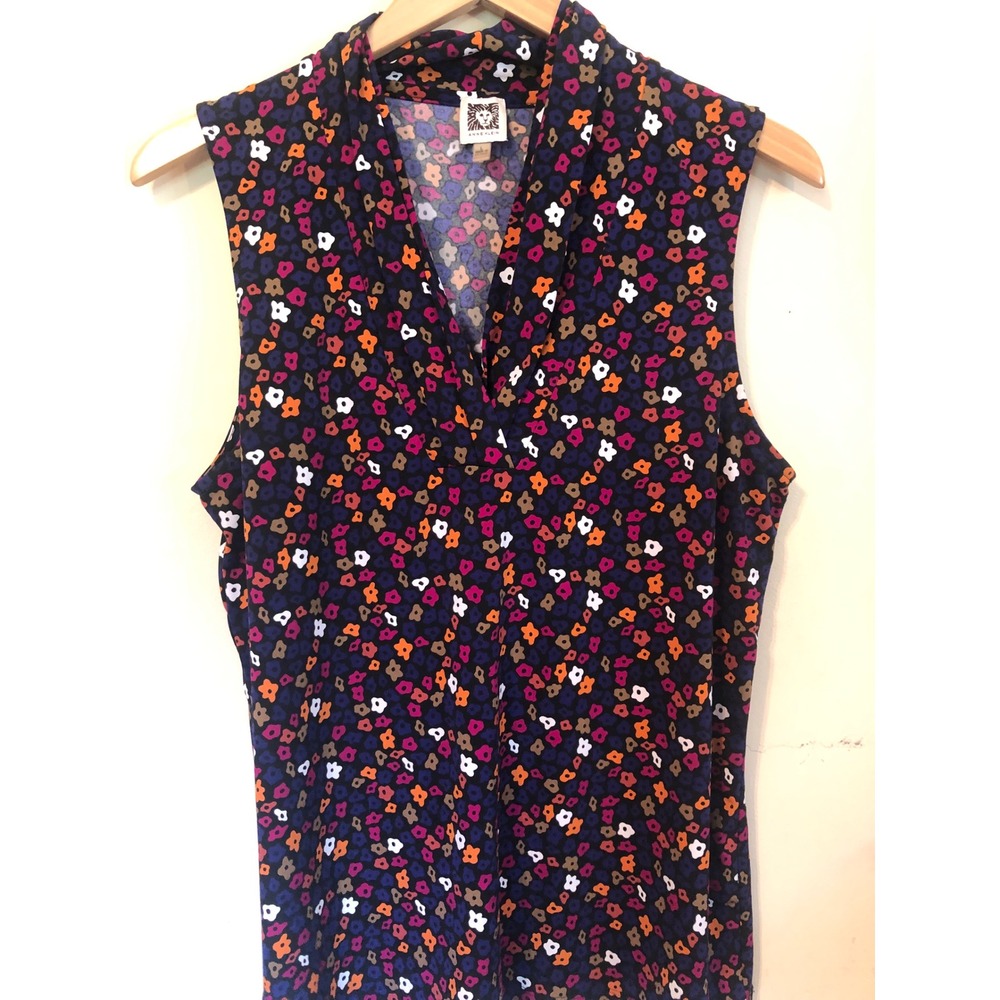 Anne Klein Career Floral Draped V-Neck Sleeveless Blouse Navy Purple stretch L